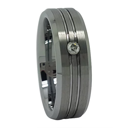 Elegant Grooved Tungsten Men's Engagement Ring with Simulated Diamond