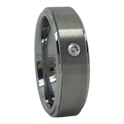 Men's Brushed Tungsten Engagement Ring with Polished Step Edge and Simulated Diamond