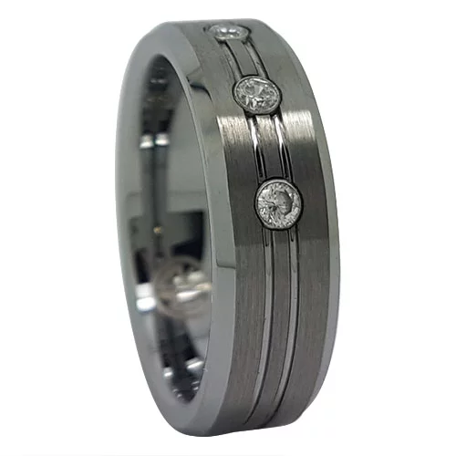 Men's Brushed Tungsten Engagement Ring with Twin Grooves and Triple Simulated Diamonds