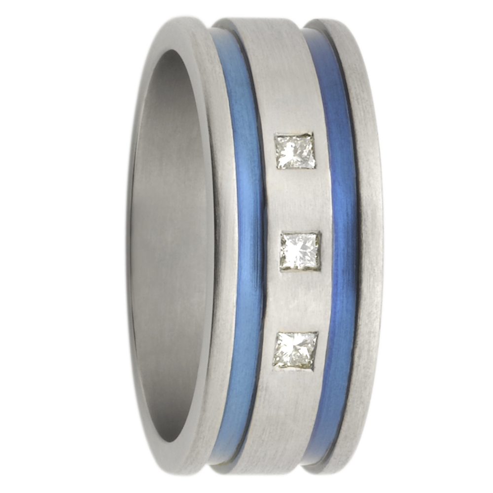 AR647 9D 1 Triple Diamond Blue Accents Titanium Mens Ring
