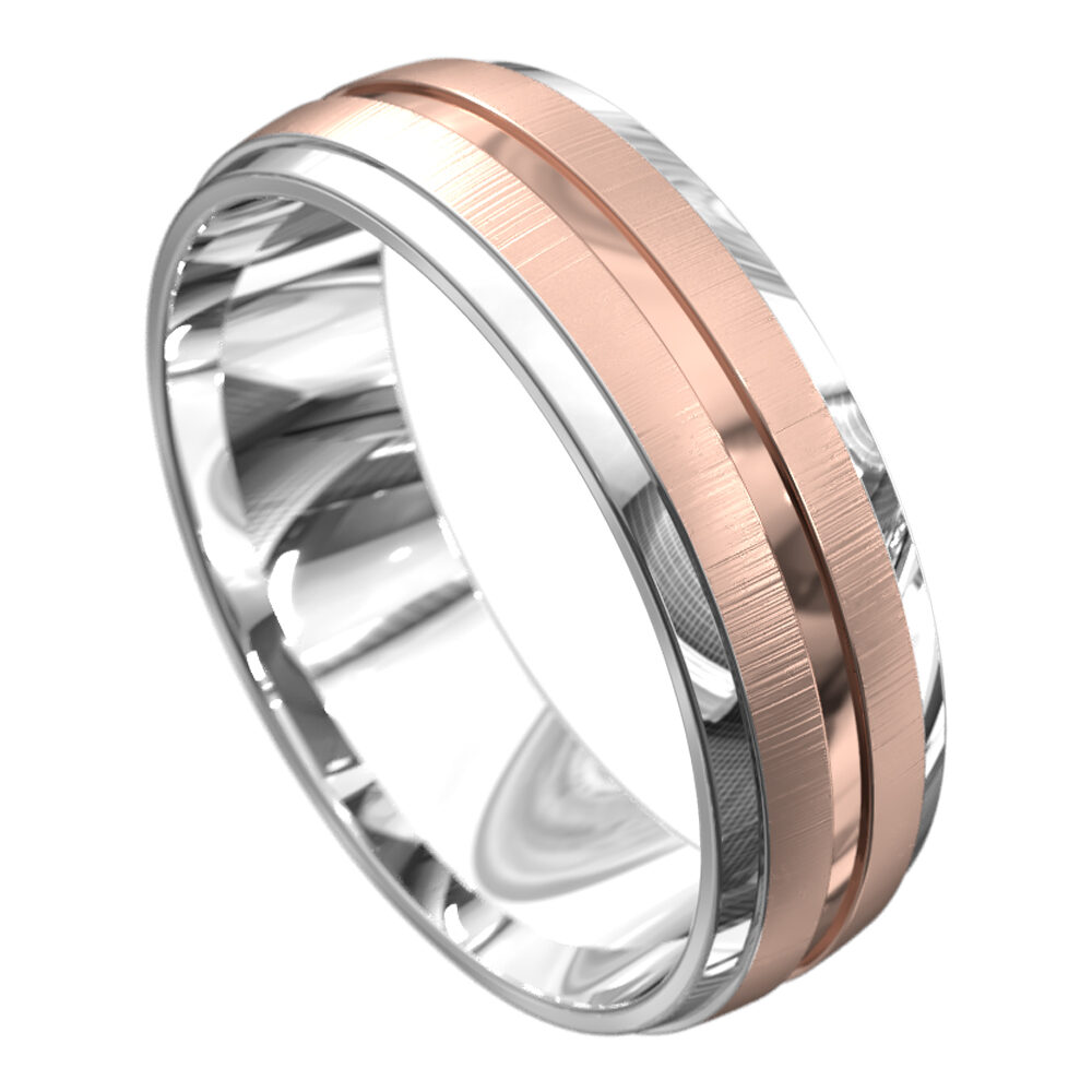 WWCF6006 WR White and Rose Gold Satin Mens Wedding Ring