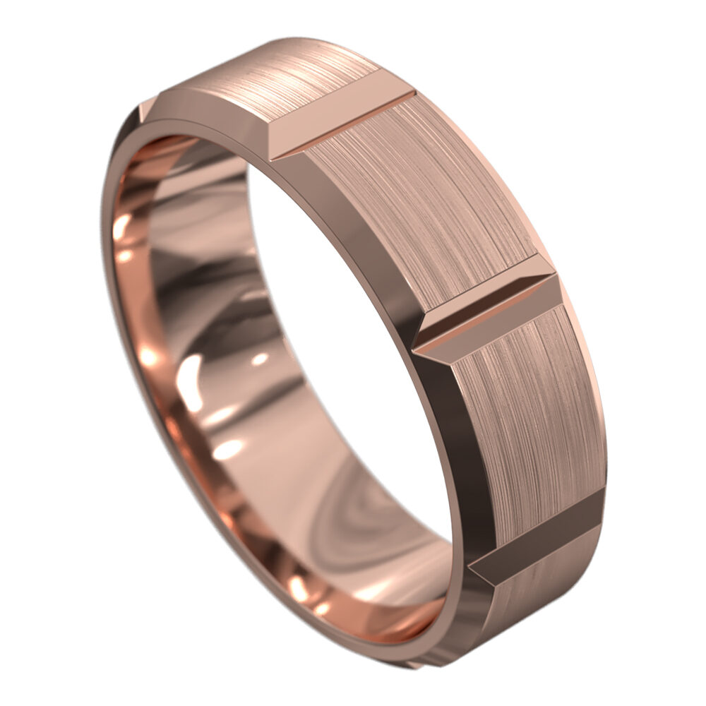 WWCF6042 R Brushed Rose Gold Grooved Mens Wedding Ring