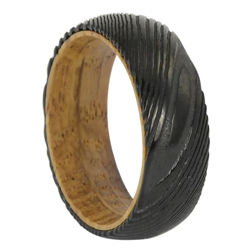 Black Damascus Steel and Whiskey Barrel Wood Mens Ring