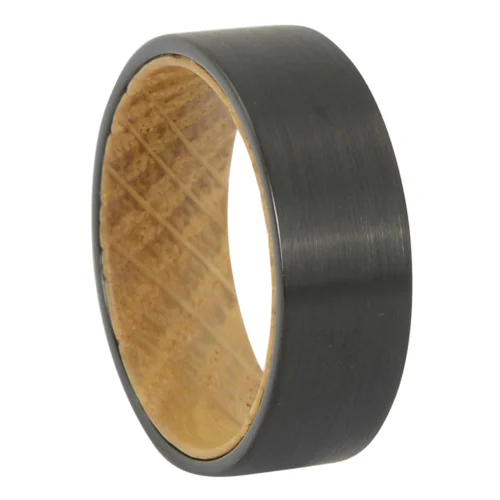 Bold Black Satin Tungsten and Whiskey Barrel Wood Men's Ring