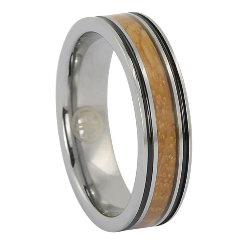 Whiskey Barrel Wood and Black Grooved Tungsten Men's Ring