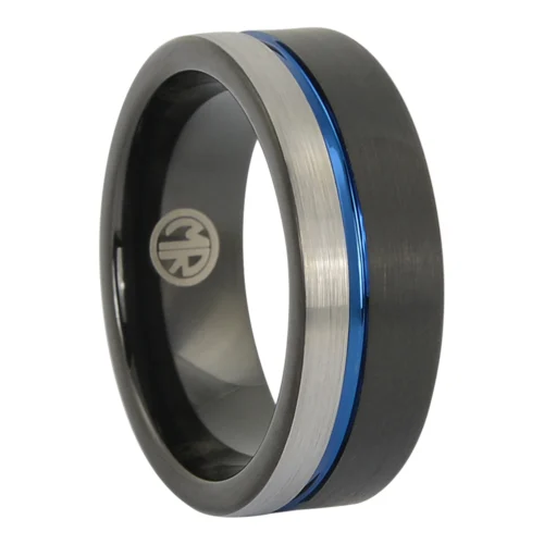 Black and Blue Tungsten Mens Ring