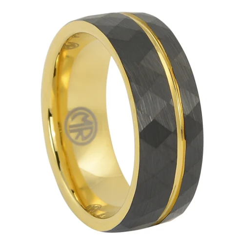 Black and Gold Faceted Tungsten Mens Ring