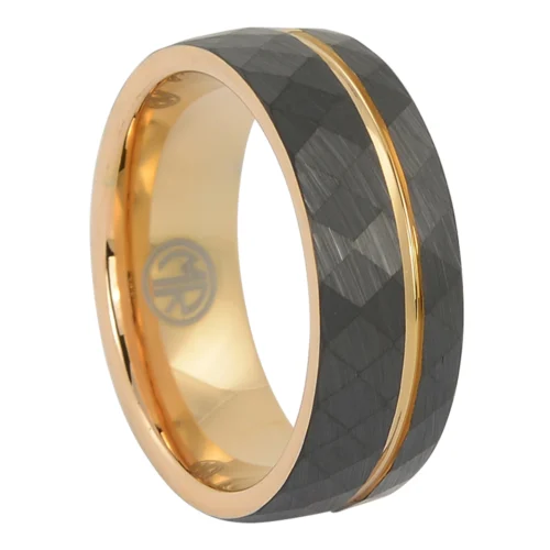 Striking Black and Rose Gold Faceted Tungsten Mens Ring