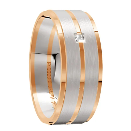 8mm Brushed and Polished Rose and White Gold Wedding Ring with Diamond
