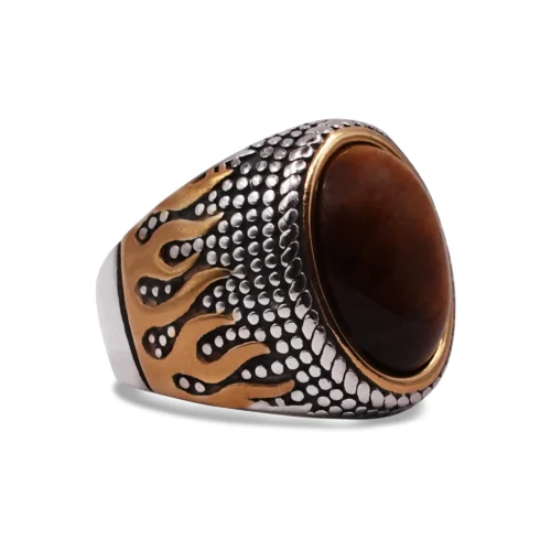 Ignite Gold-Flame Signet Ring with Tiger Eye Stone