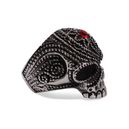 Nocturne Black Skull Signet Ring with Red Gem