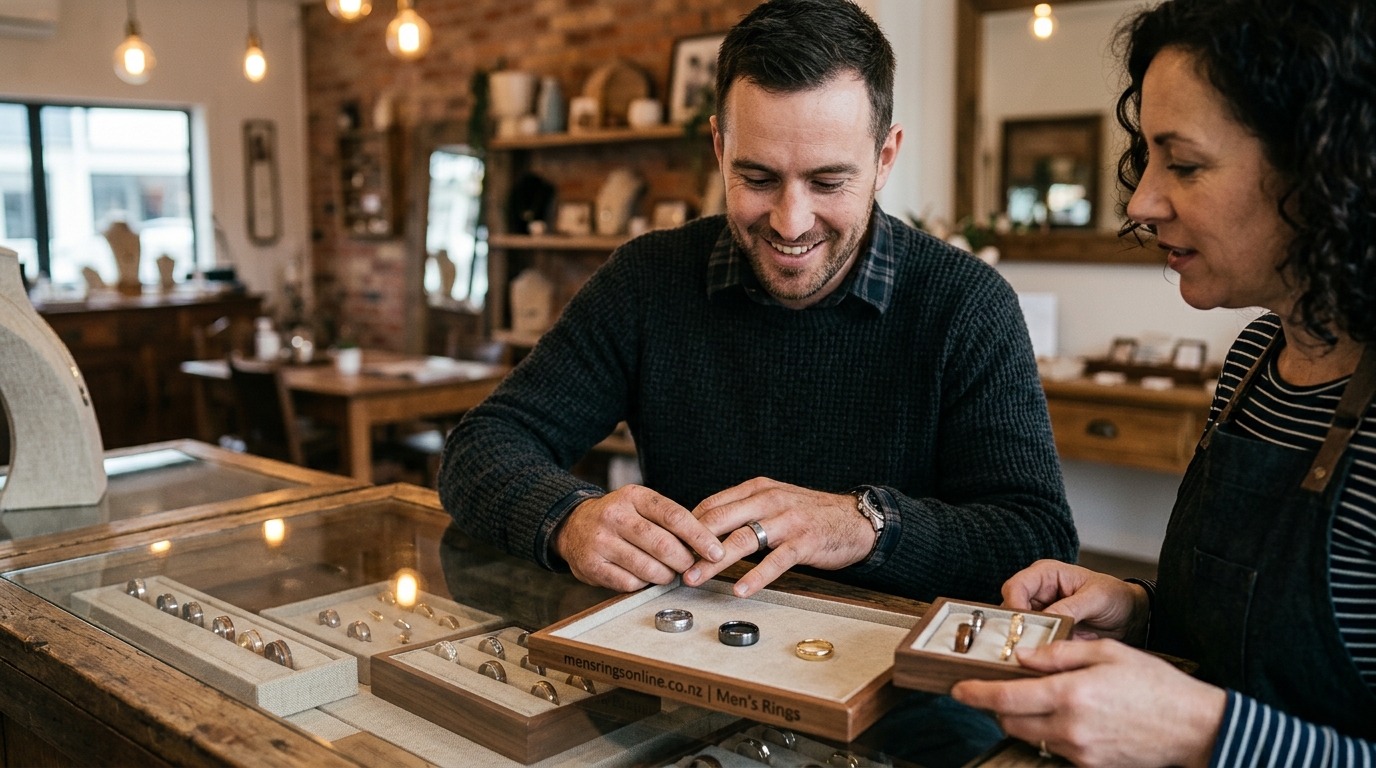 Man with large hands trying on a wide men's ring