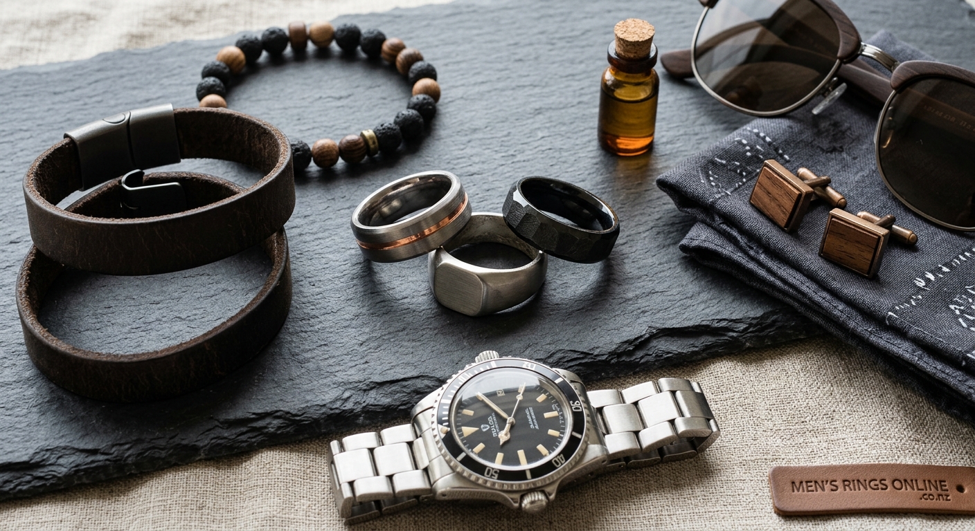 Flat-lay of wide men's rings suited to large hands and broad fingers