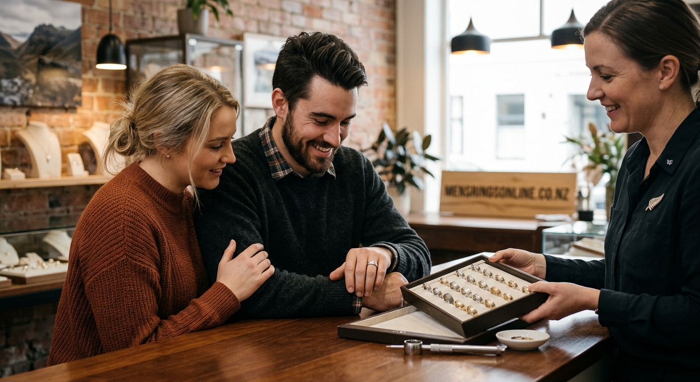 Mid-article supporting image: close-up of men’s wedding rings with natural texture and clean styling