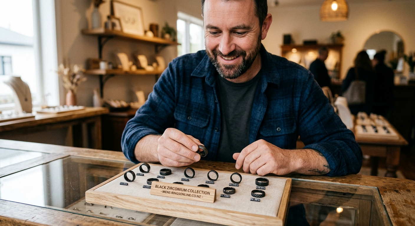 Mid-article supporting image: person interacting with or selecting Black Zirconium Rings: What, warm authentic moment — 