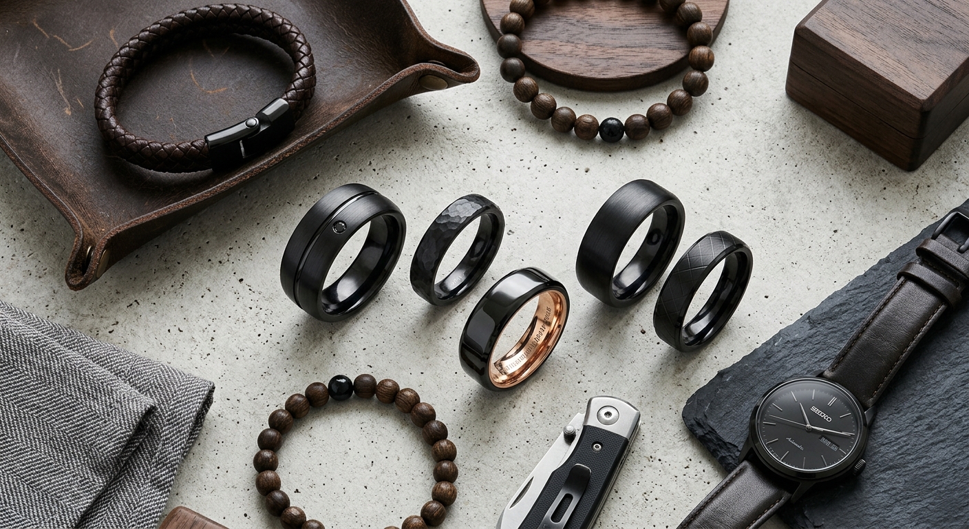 Detail close-up or styled flat-lay of Black Zirconium Rings: What with complementary accessories on a clean surface — fo