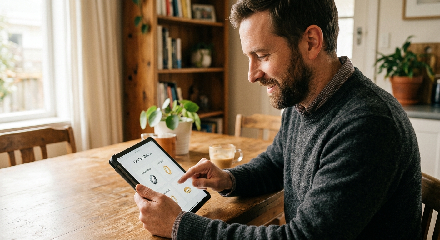 Mid-article supporting image: person interacting with or selecting Can You Wear a, warm authentic moment — for mensrings