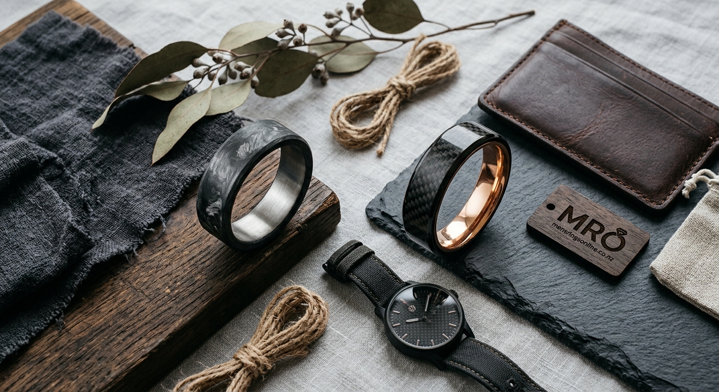 Carbon fibre wedding ring flat-lay showing the woven carbon weave pattern