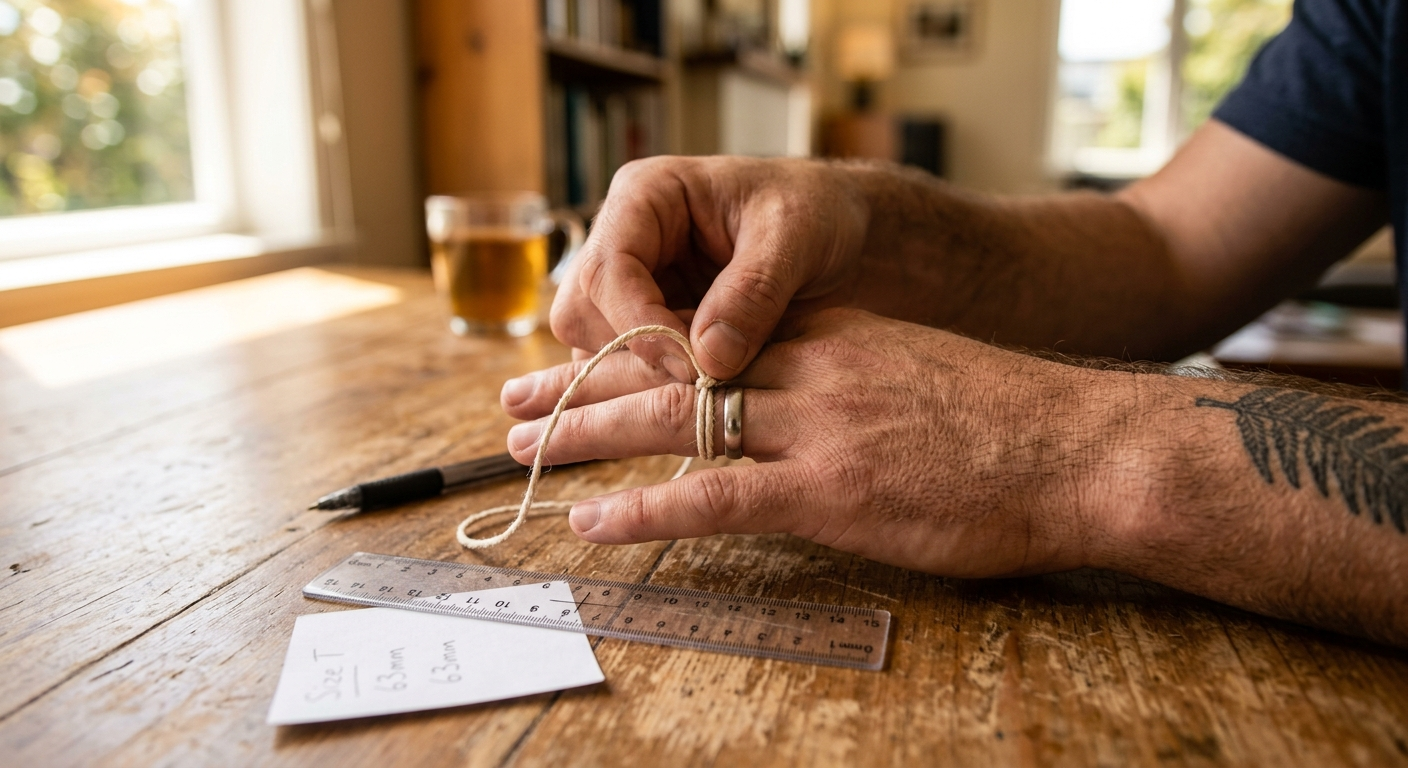 Man measuring ring size at home with paper method — NZ ring size guide