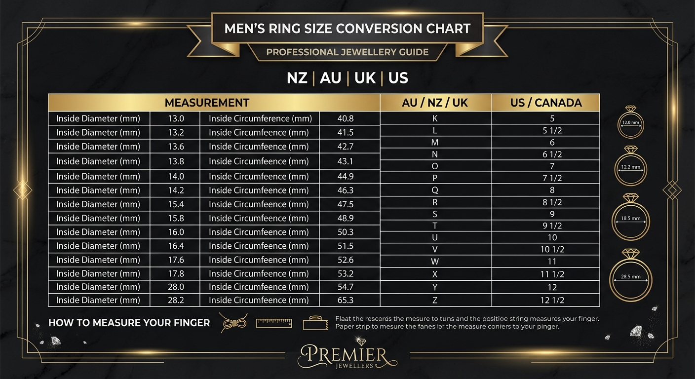 NZ ring size conversion chart showing NZ, AU, US and UK sizes