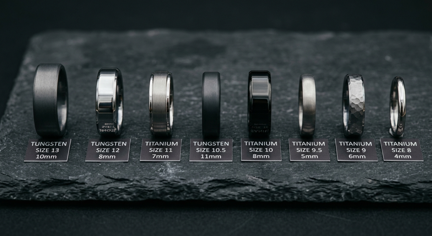 Various men's wedding ring sizes on dark background — tungsten and titanium rings