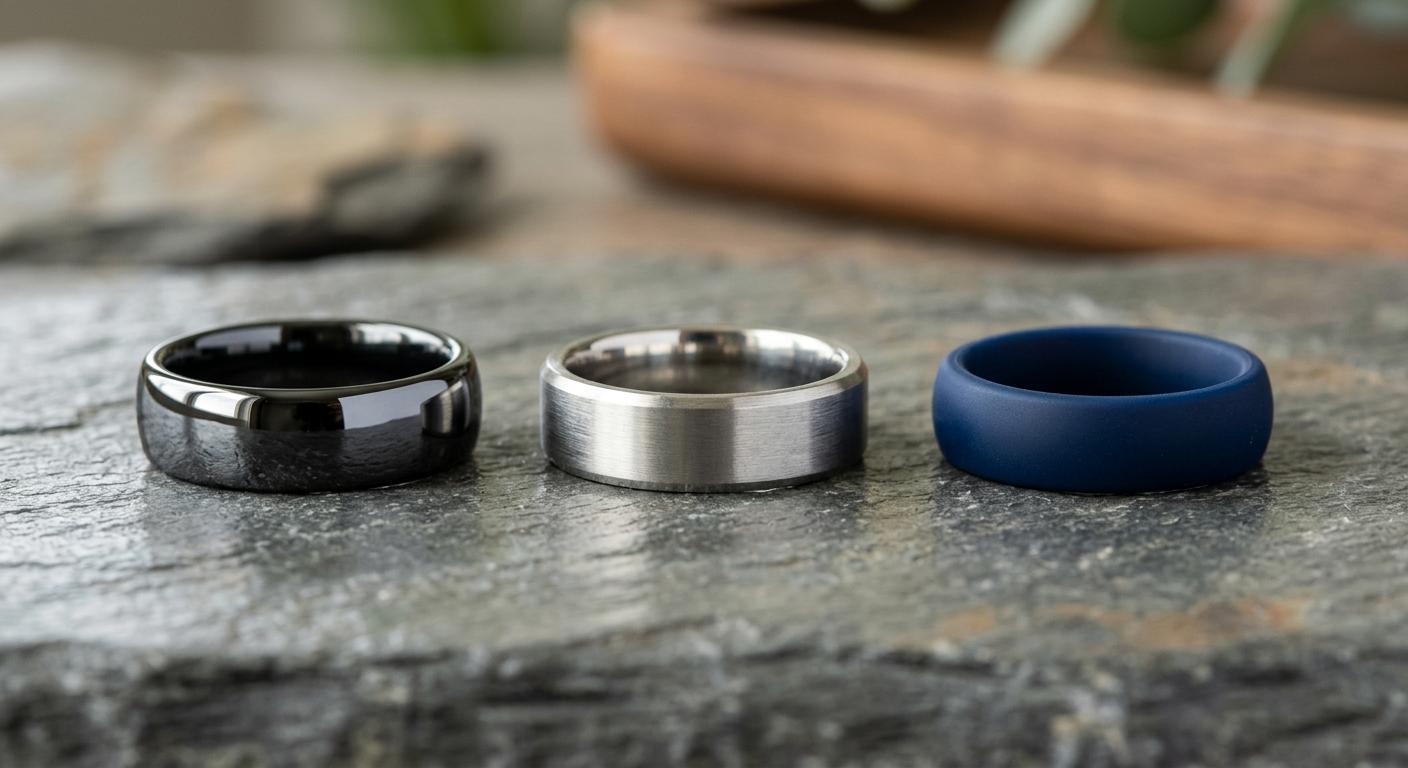 Tungsten, titanium, and silicone men's wedding bands side by side