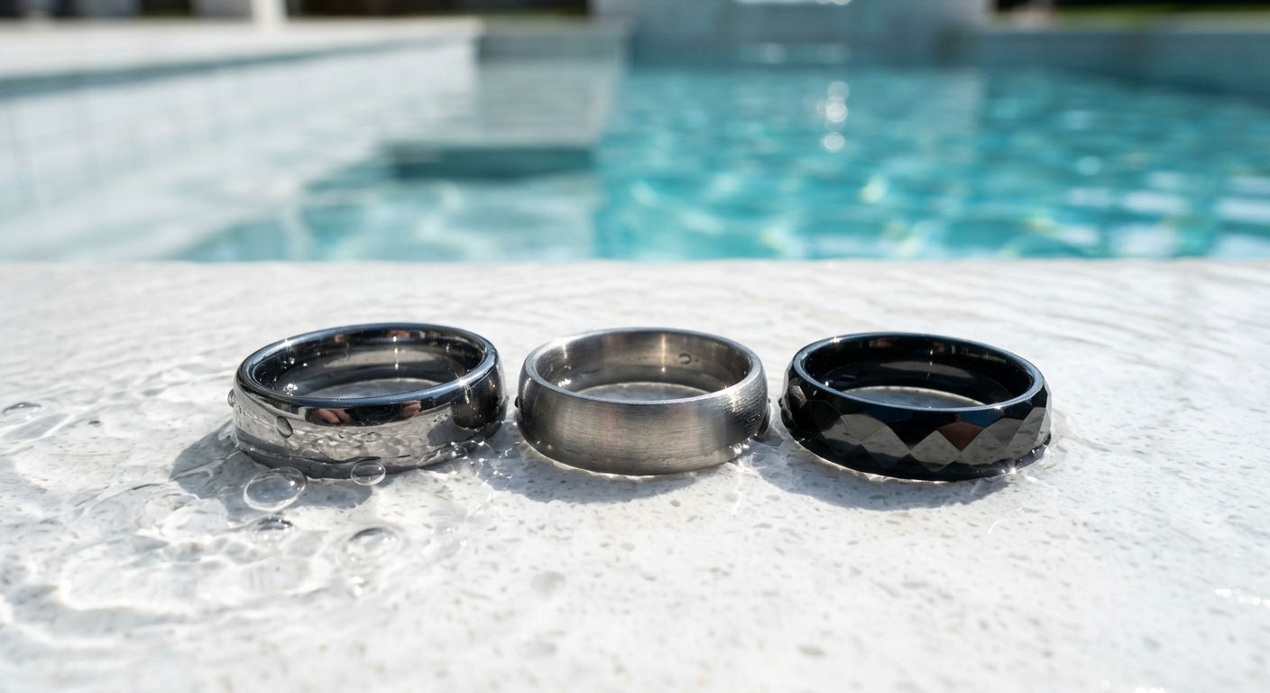 Comparison of different ring materials - tungsten, titanium and ceramic rings near pool water