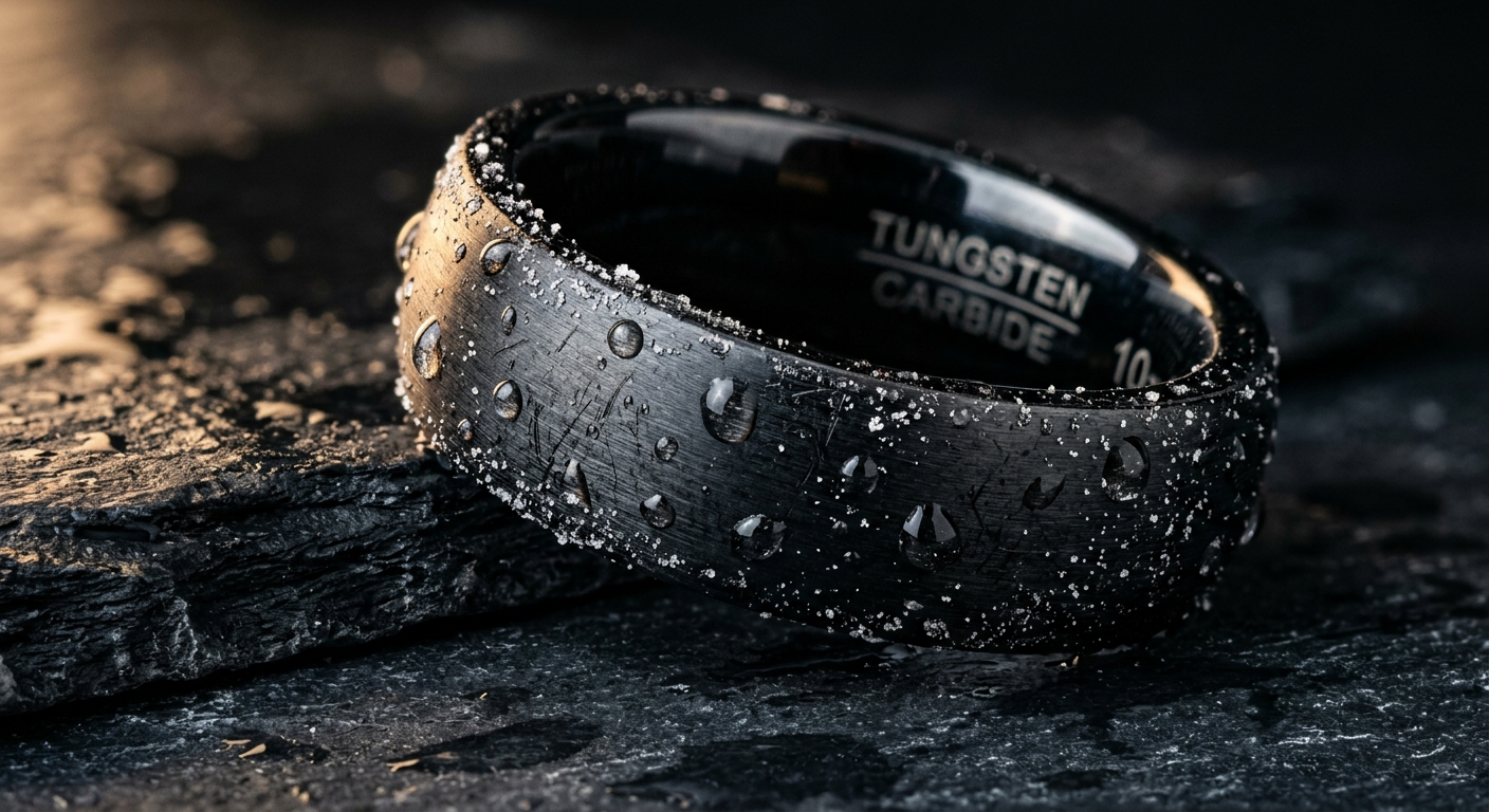 Close-up detail of black tungsten wedding band with water droplets showing surface quality