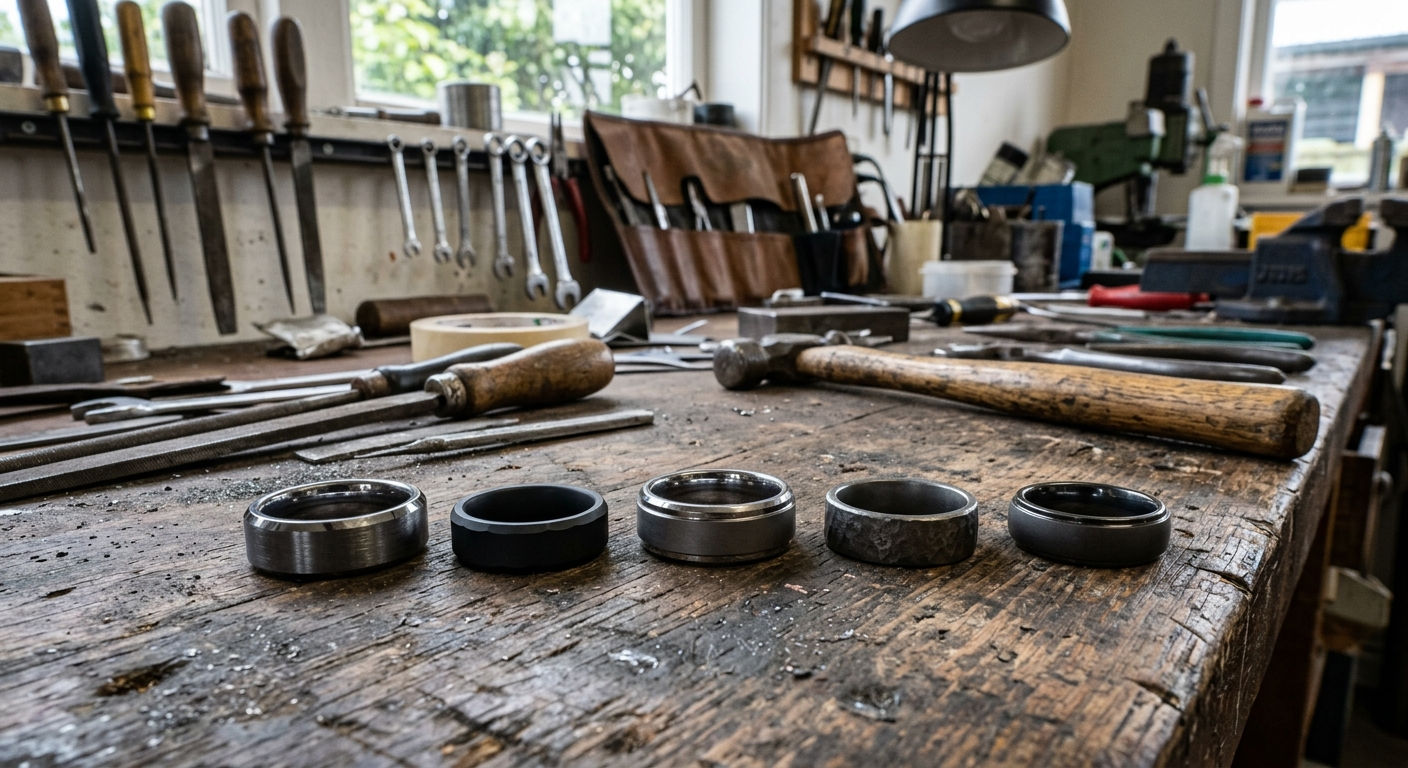 Men's wedding rings for tradies — tungsten, ceramic and titanium options on a workbench