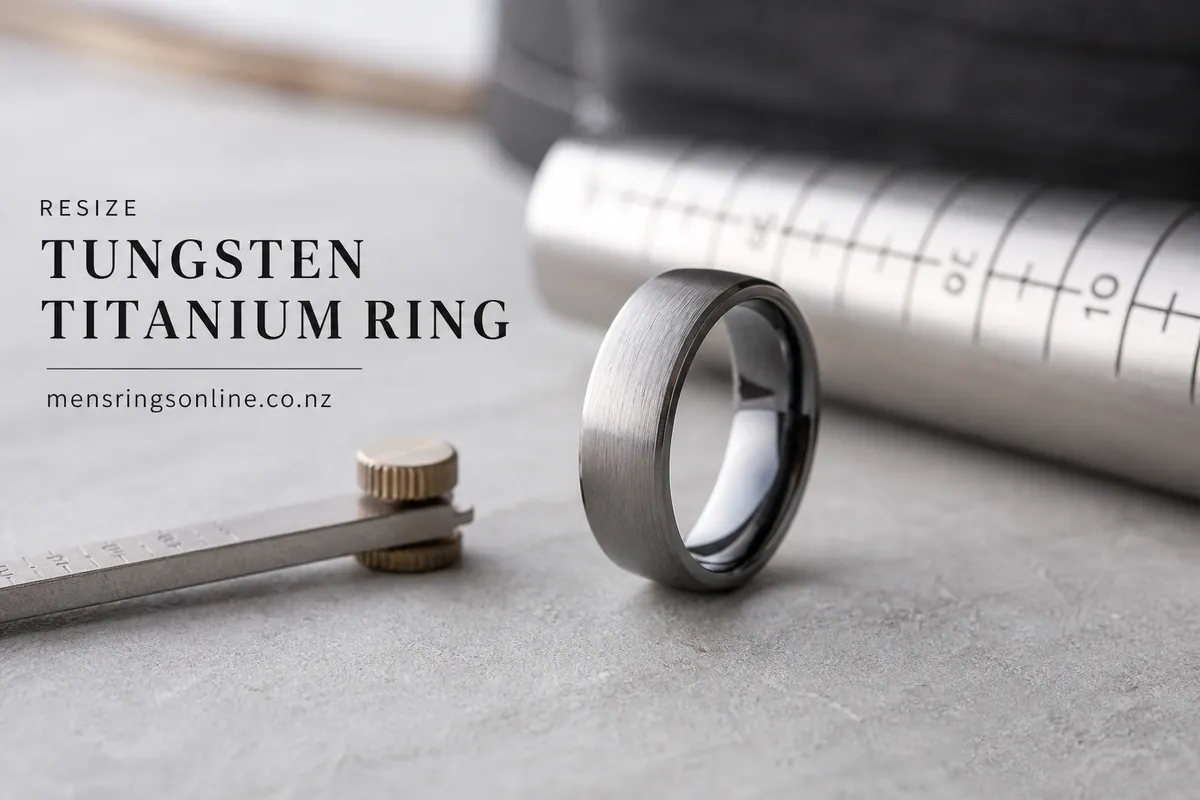 Hero lifestyle shot of a men's ring or wedding band on a clean surface, contextually illustrating 'resize tungsten titan