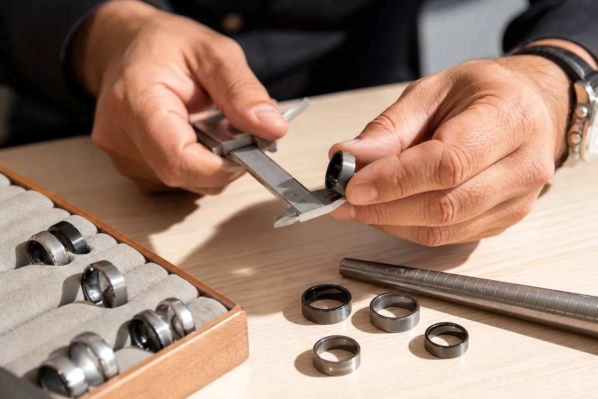 Mid-article supporting image of a person handling or selecting a men's ring or wedding band on a clean surface, contextua