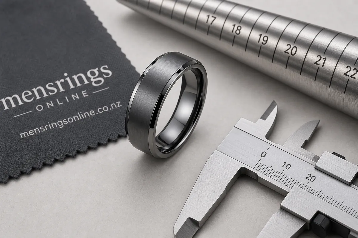 Detail close-up or styled flat-lay of a men's ring or wedding band on a clean surface with complementary accessories, co