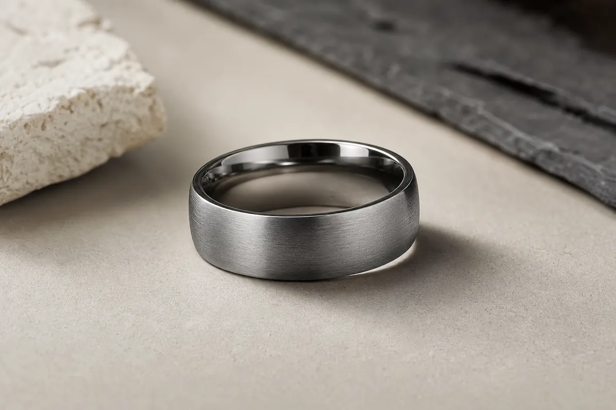 Hero lifestyle shot of a men's ring or wedding band on a clean surface, contextually illustrating 'hypoallergenic weddin