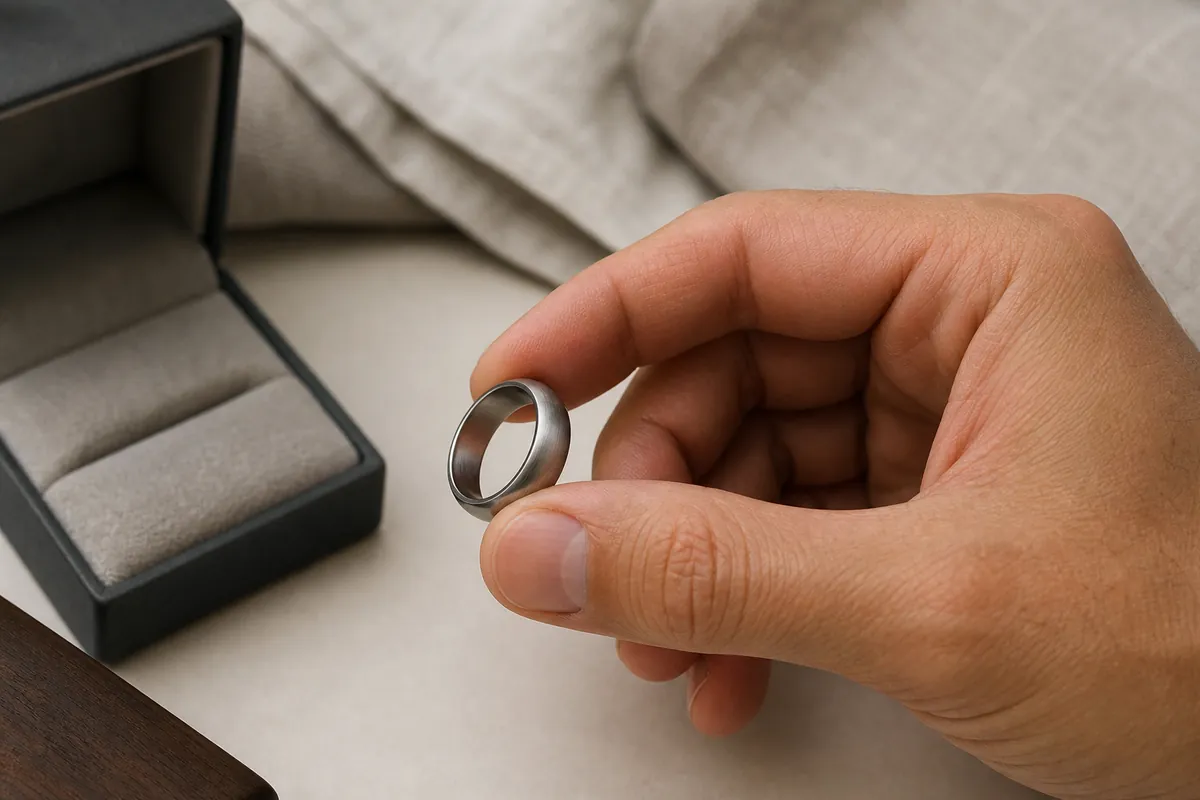 Mid-article supporting image of a person handling or selecting a men's ring or wedding band on a clean surface, contextua