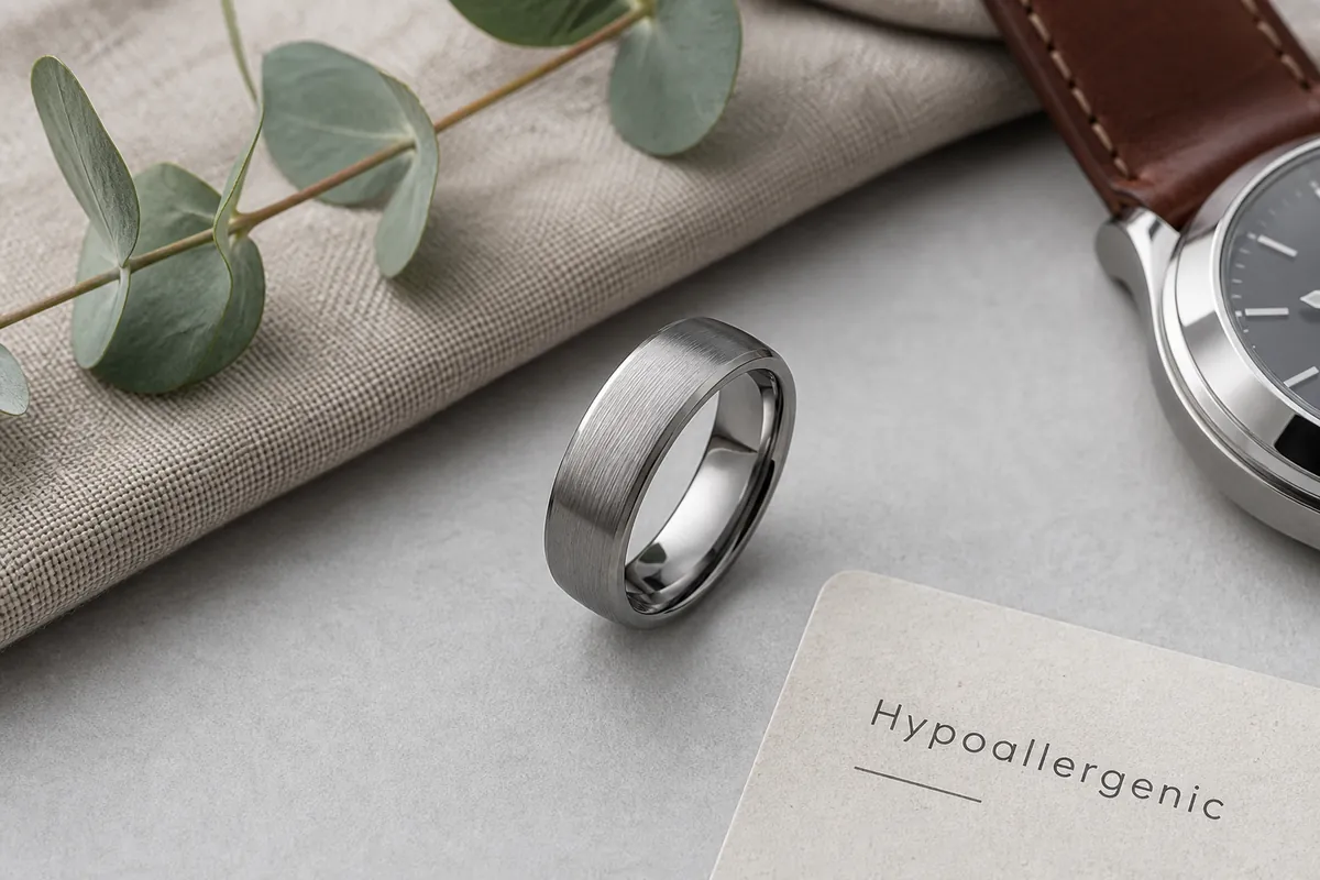 Detail close-up or styled flat-lay of a men's ring or wedding band on a clean surface with complementary accessories, co