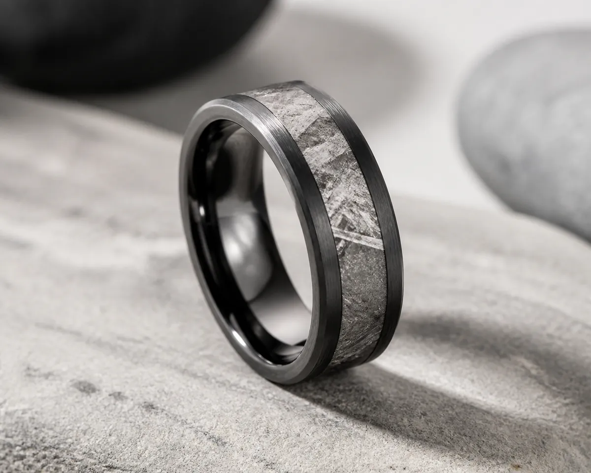 Meteorite and Deer Antler Inlay Wedding Rings for NZ Grooms