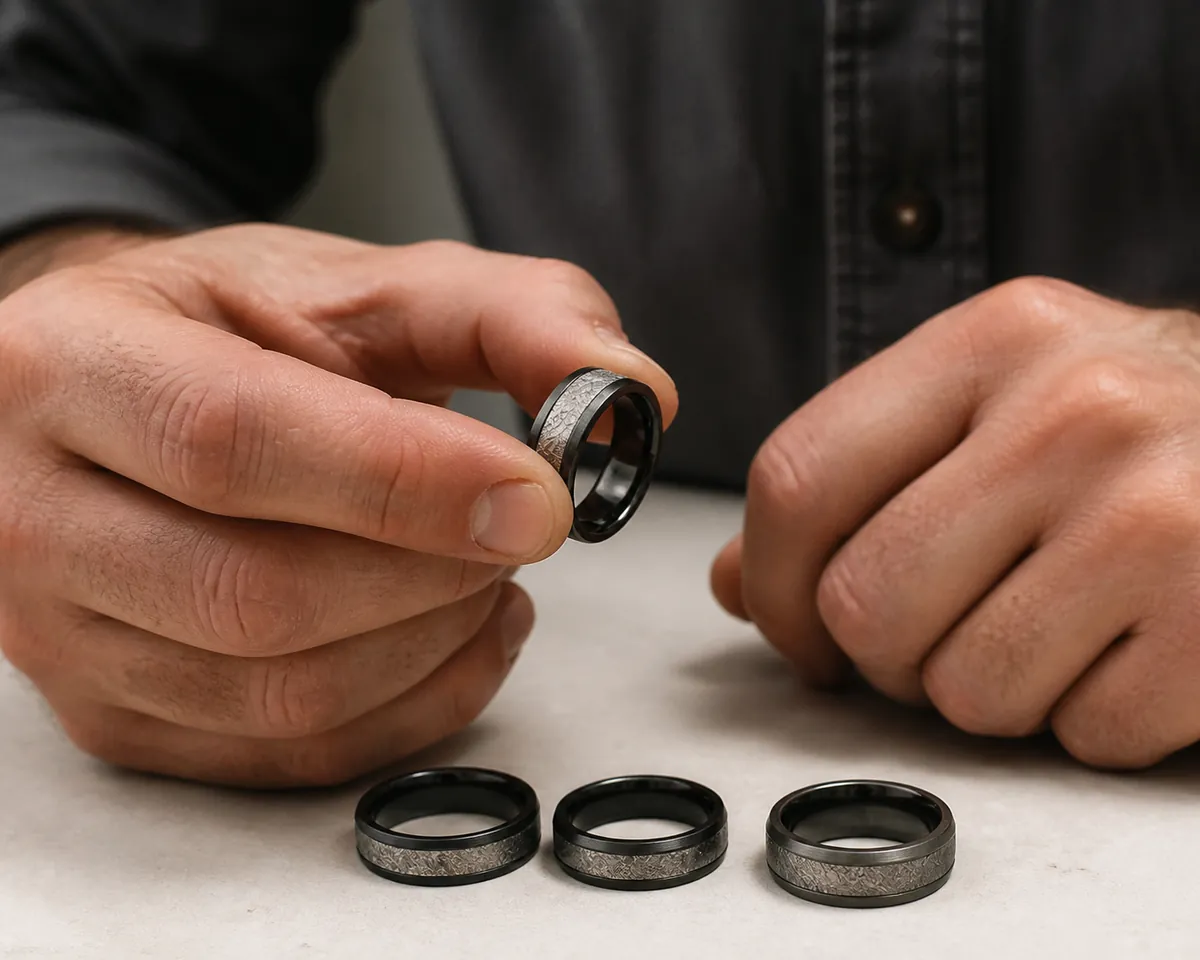 Mid-article supporting image of a person handling or selecting a men's ring or wedding band on a clean surface, contextu
