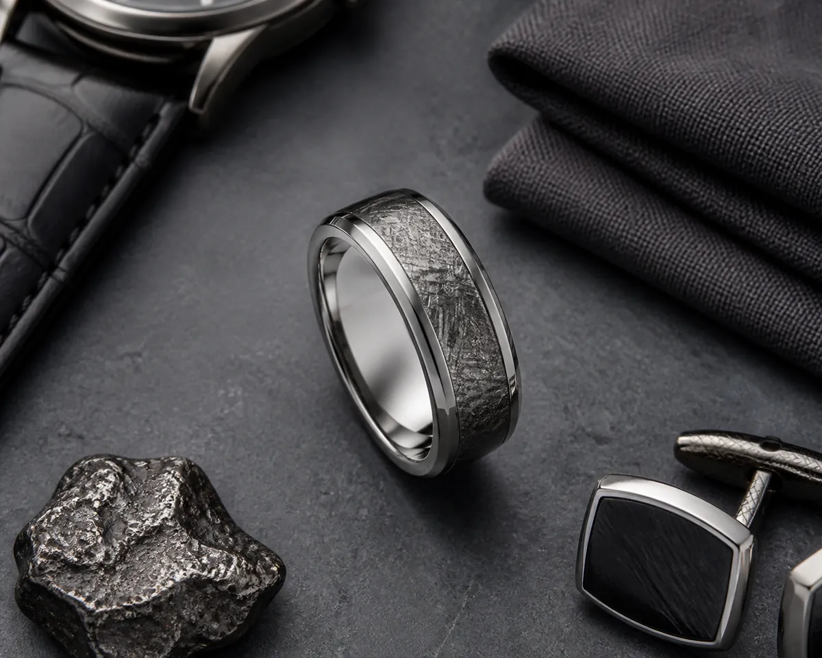 Detail close-up or styled flat-lay of a men's ring or wedding band on a clean surface with complementary accessories, co