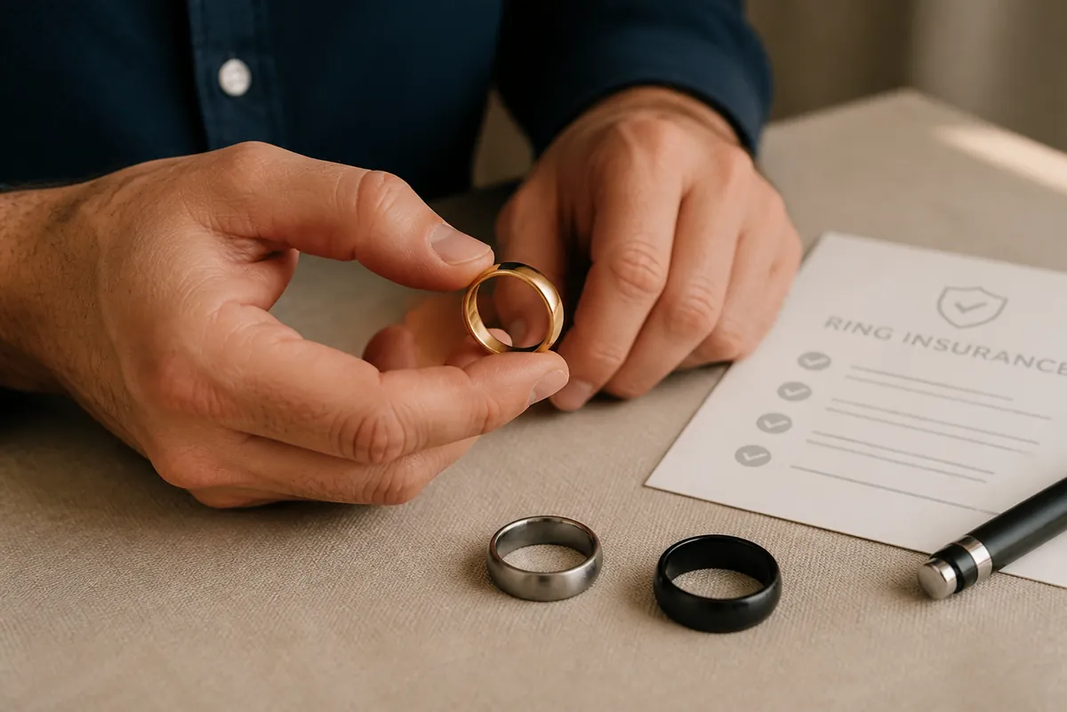 Mid-article supporting image of a person handling or selecting a men's ring or wedding band on a clean surface, contextu