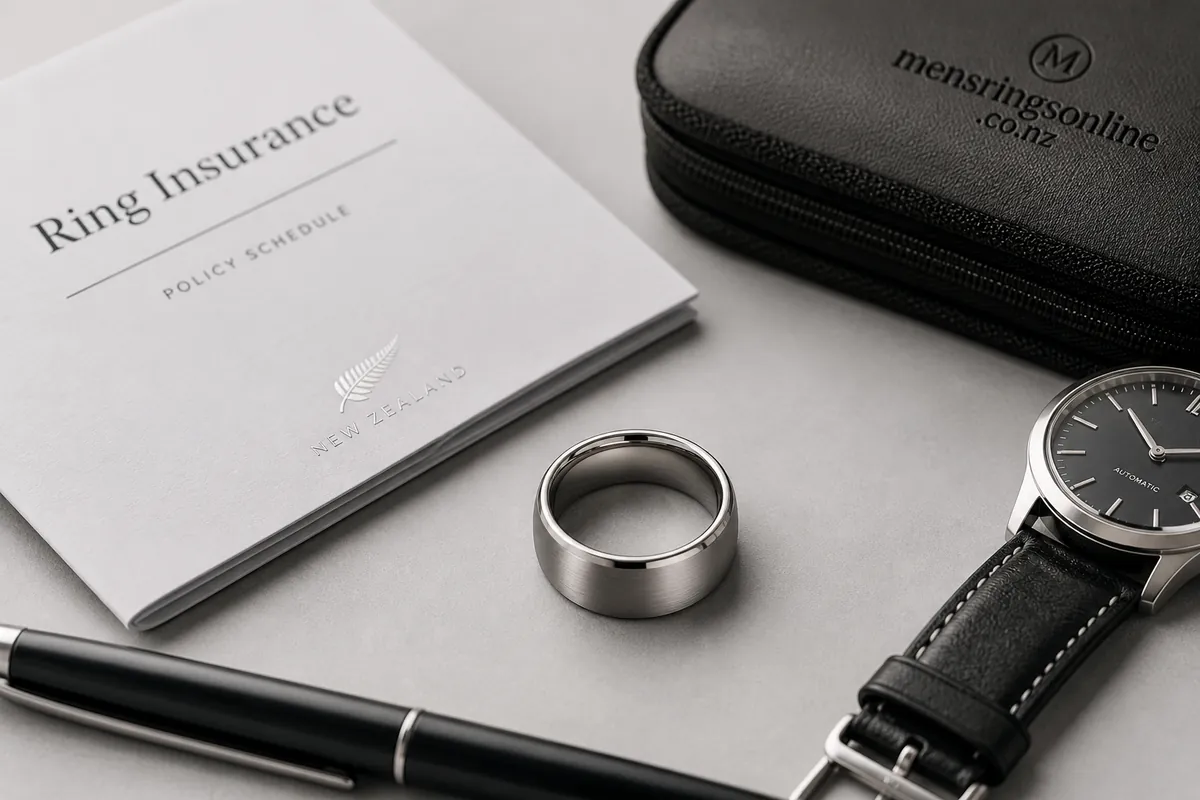 Detail close-up or styled flat-lay of a men's ring or wedding band on a clean surface with complementary accessories, co