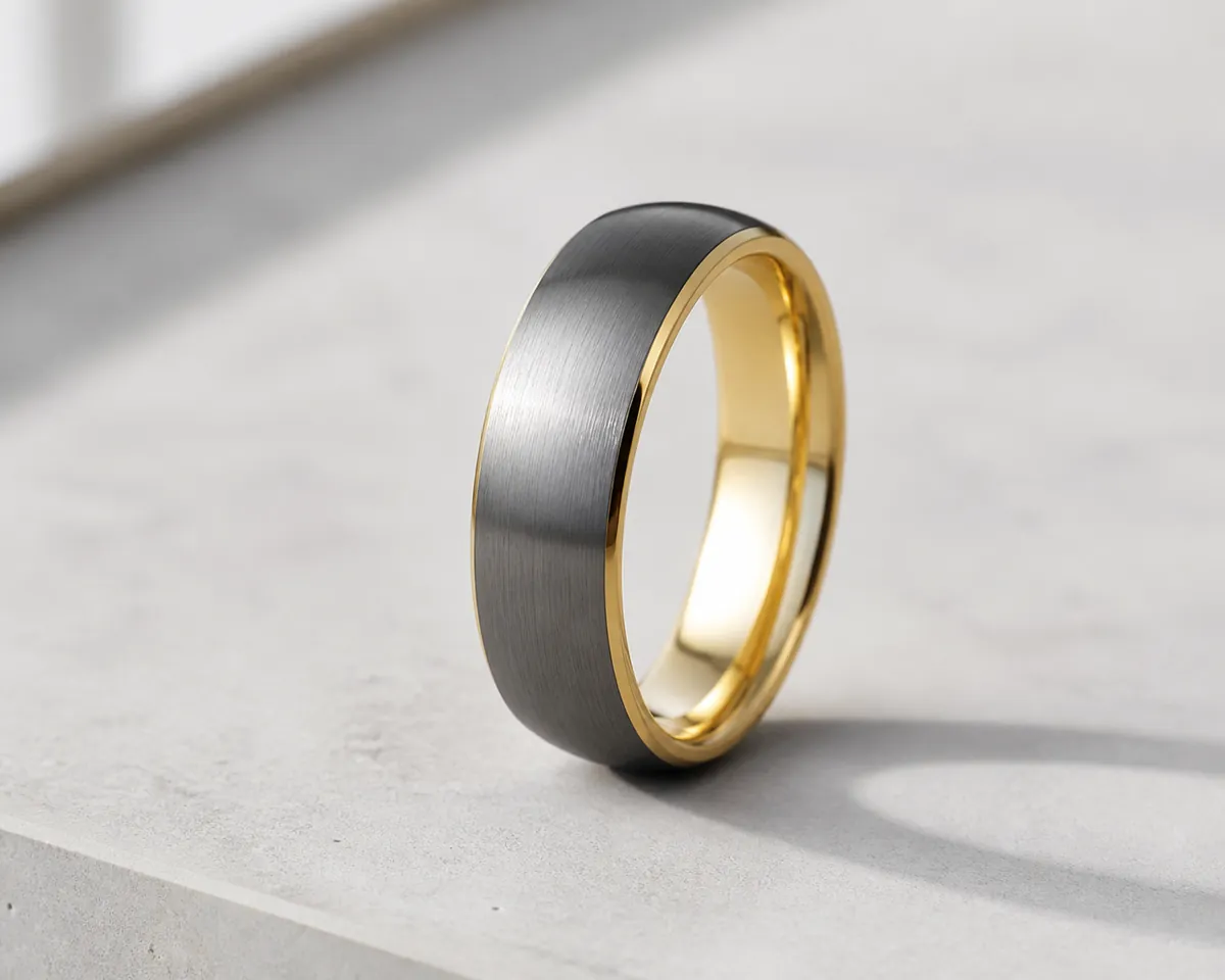 Hero lifestyle shot of a men's ring or wedding band on a clean surface, contextually illustrating 'two tone mens wedding