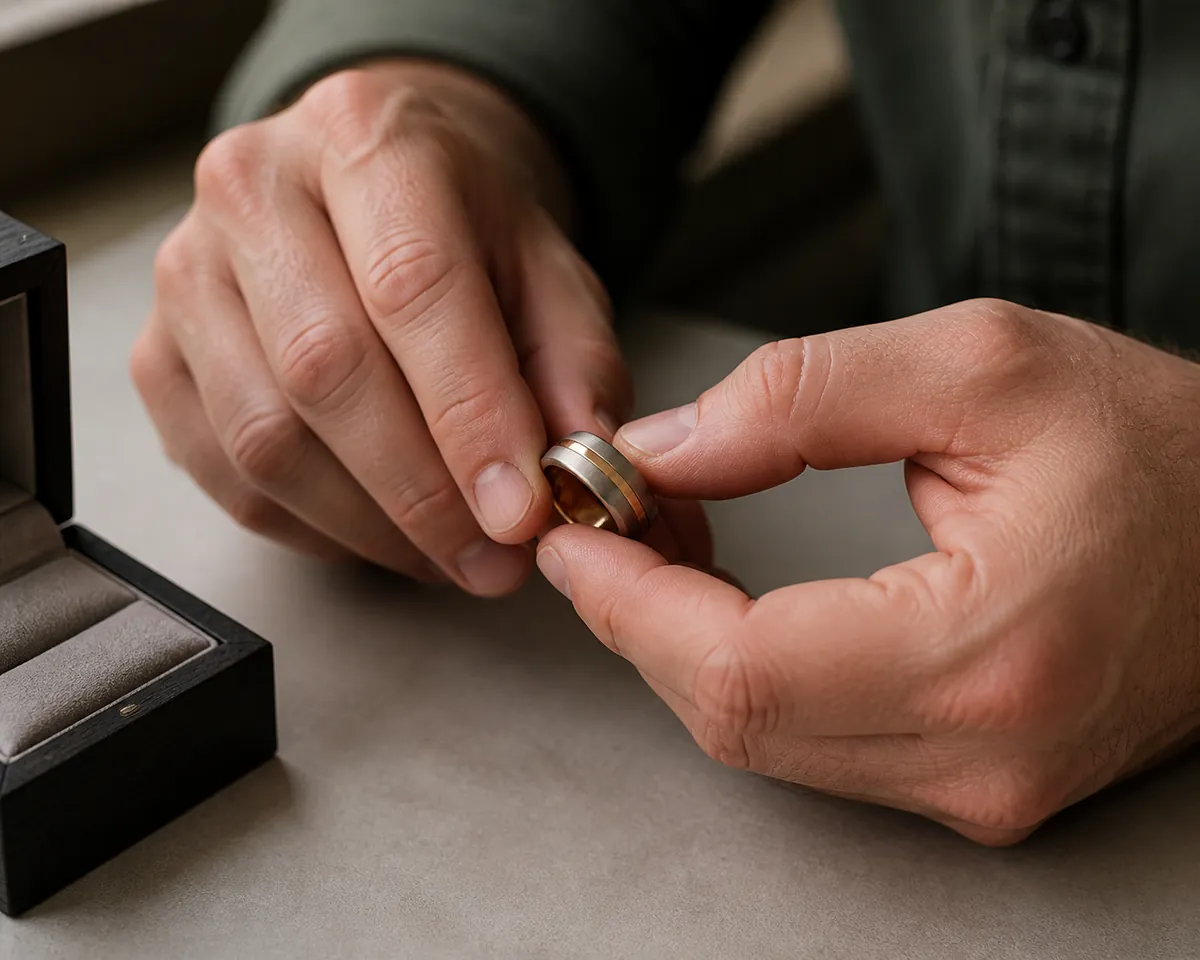 Mid-article supporting image of a person handling or selecting a men's ring or wedding band on a clean surface, contextu