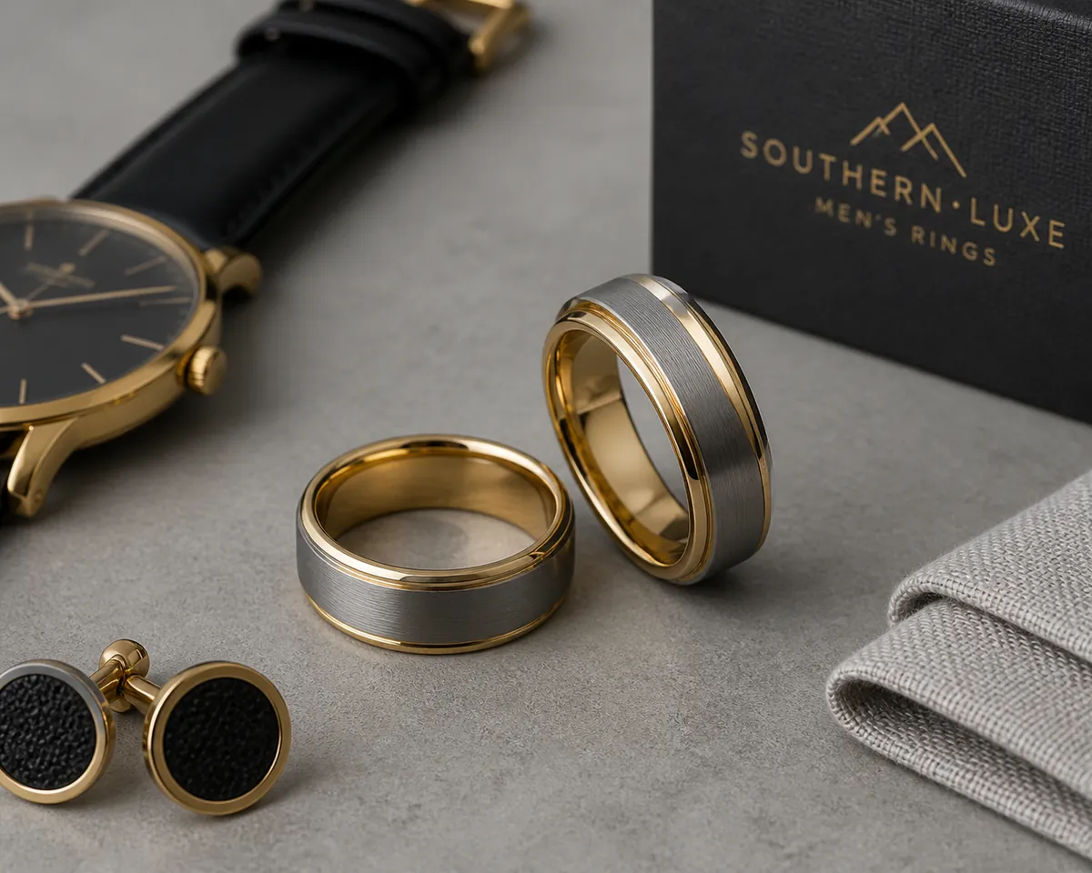 Detail close-up or styled flat-lay of a men's ring or wedding band on a clean surface with complementary accessories, co