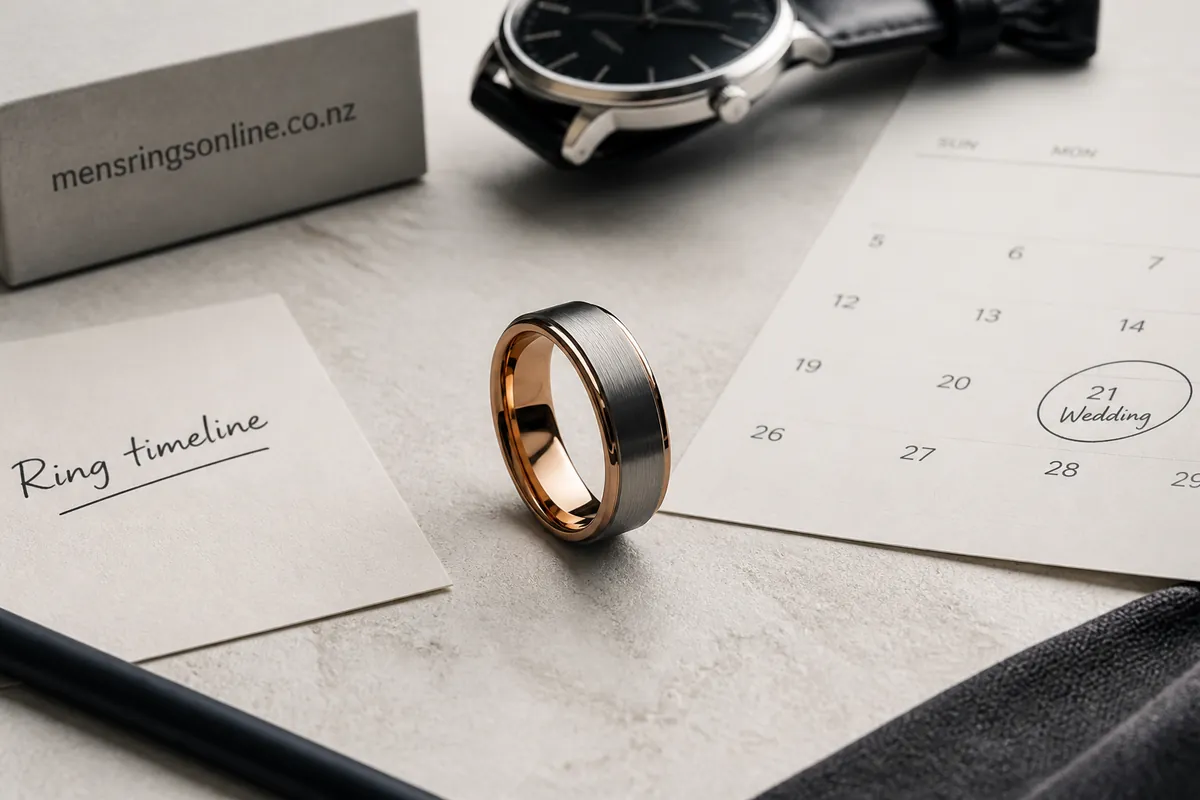 Hero lifestyle shot of a men's ring or wedding band on a clean surface, contextually illustrating 'when to buy wedding r