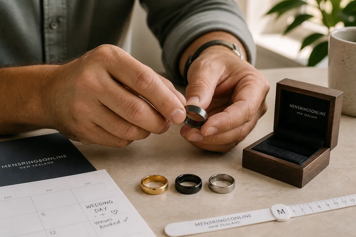 Mid-article supporting image of a person handling or selecting a men's ring or wedding band on a clean surface, contextu