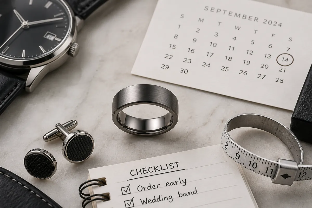 Detail close-up or styled flat-lay of a men's ring or wedding band on a clean surface with complementary accessories, co