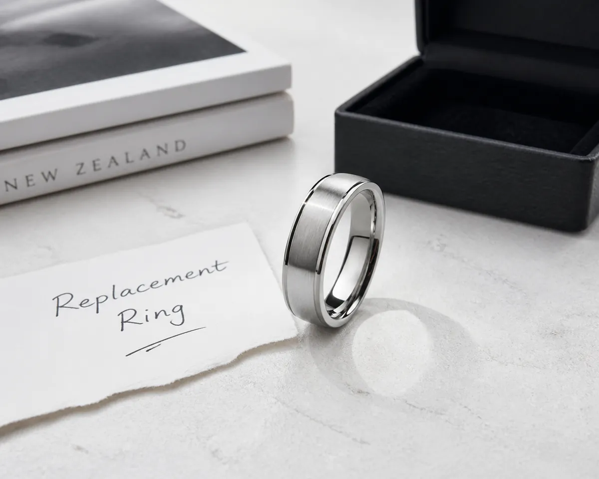 Hero lifestyle shot of a men's ring or wedding band on a clean surface, contextually illustrating 'lost wedding ring rep