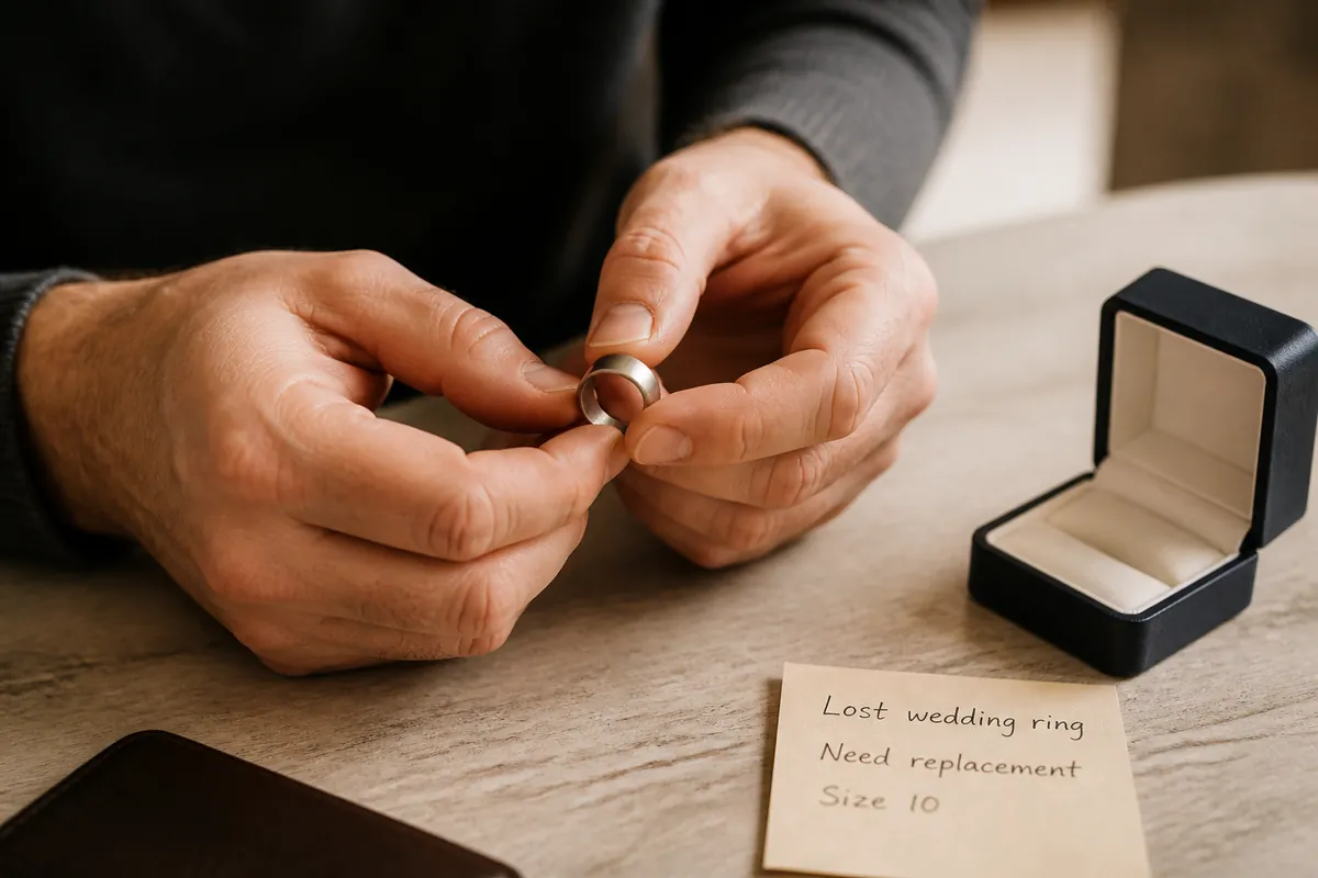 Mid-article supporting image of a person handling or selecting a men's ring or wedding band on a clean surface, contextu