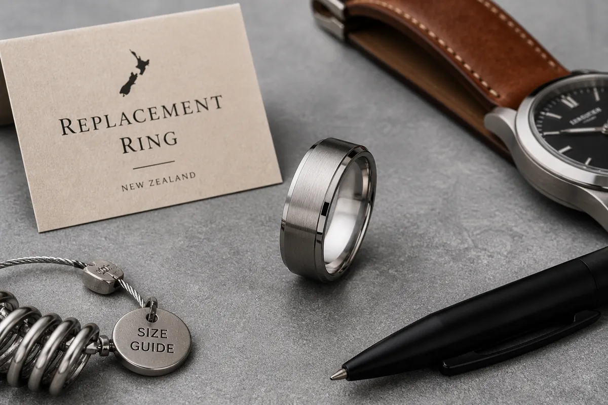 Detail close-up or styled flat-lay of a men's ring or wedding band on a clean surface with complementary accessories, co