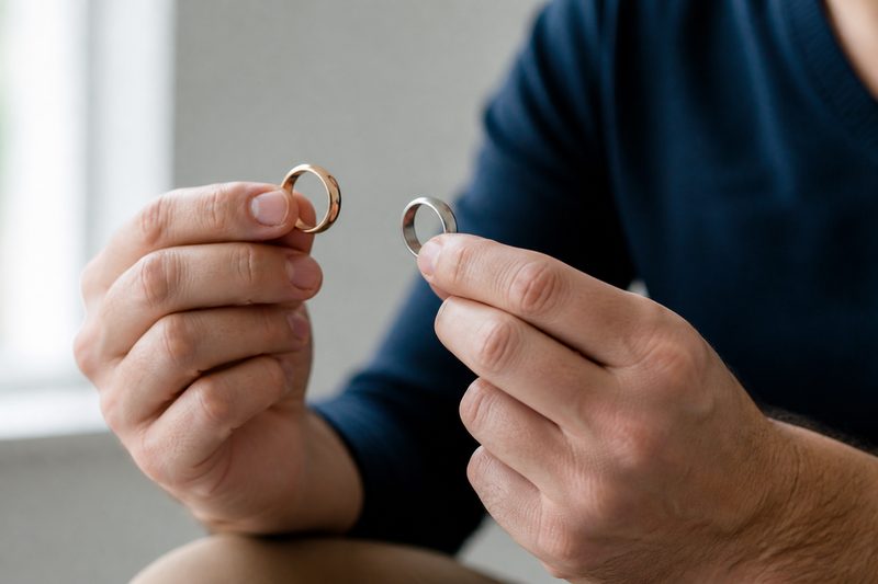 Man's hands comparing two different wedding rings